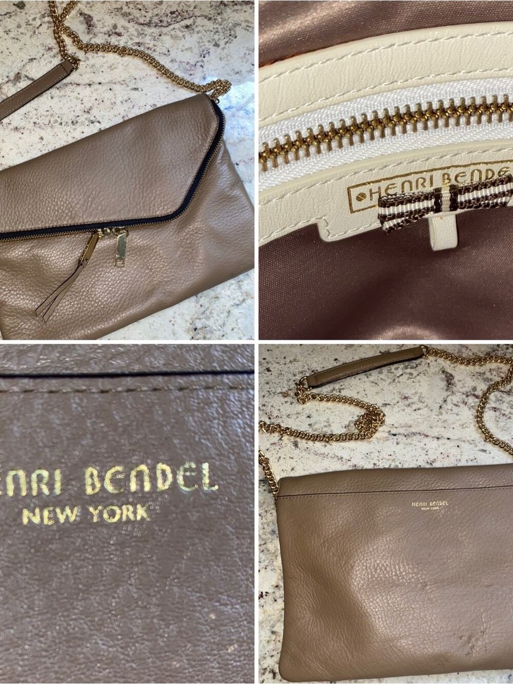 AS IS Vintage Henri Bendel Taupe Tan Crossbody Purse w Gold Chain Strap
